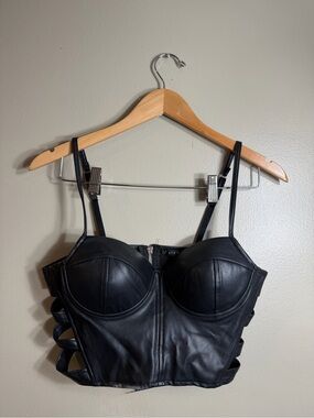 Black Faux Leather Bustier Corset Top Strappy Sides Size M